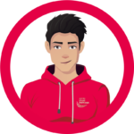Illustration des digitalen Fördermittelberaters Nielss mit schwarzem Haar und rotem Kapuzenpullover der Lotto-Sport-Stiftung.