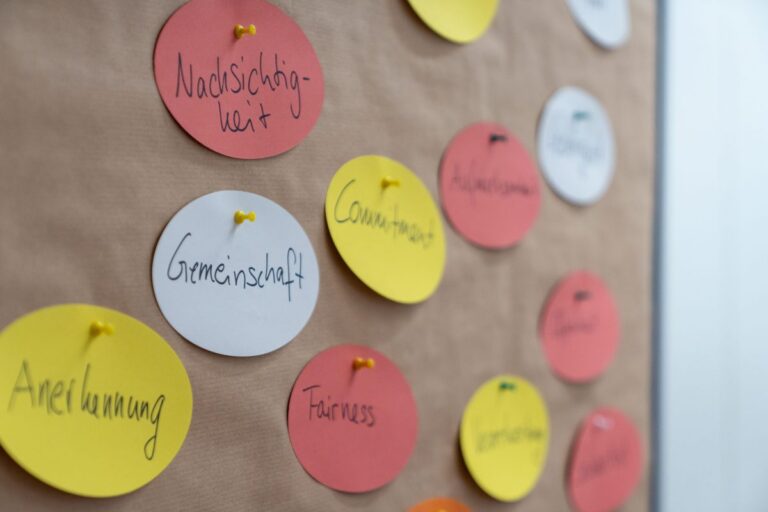 Bunte, runde Moderationskarten mit Begriffen wie „Gemeinschaft“, „Fairness“ und „Anerkennung“ hängen an einer Pinnwand.